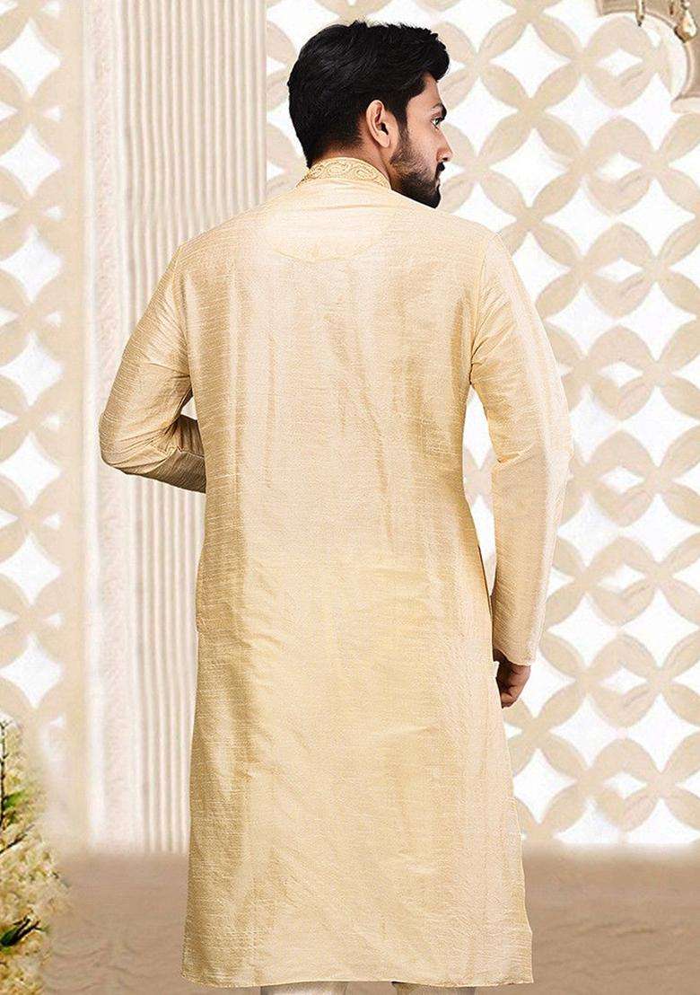 Fawn Hand Work Silk Kurta For Men - Indya