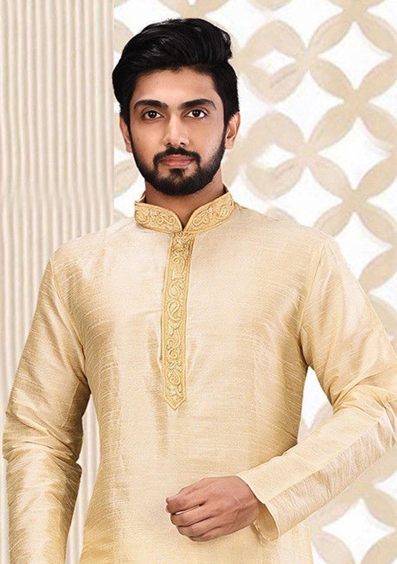 Fawn Hand Work Silk Kurta For Men - Indya
