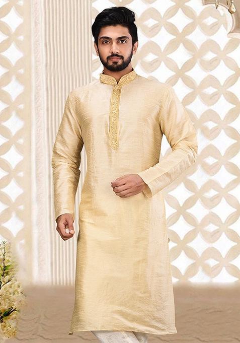 Fawn Hand Work Silk Kurta For Men