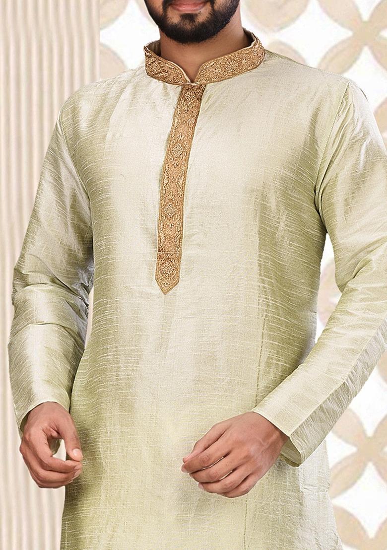 Sea Green Hand Work Silk Kurta For Men - Indya