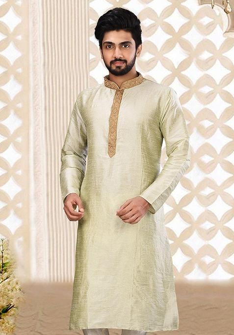 Sea Green Hand Work Silk Kurta For Men