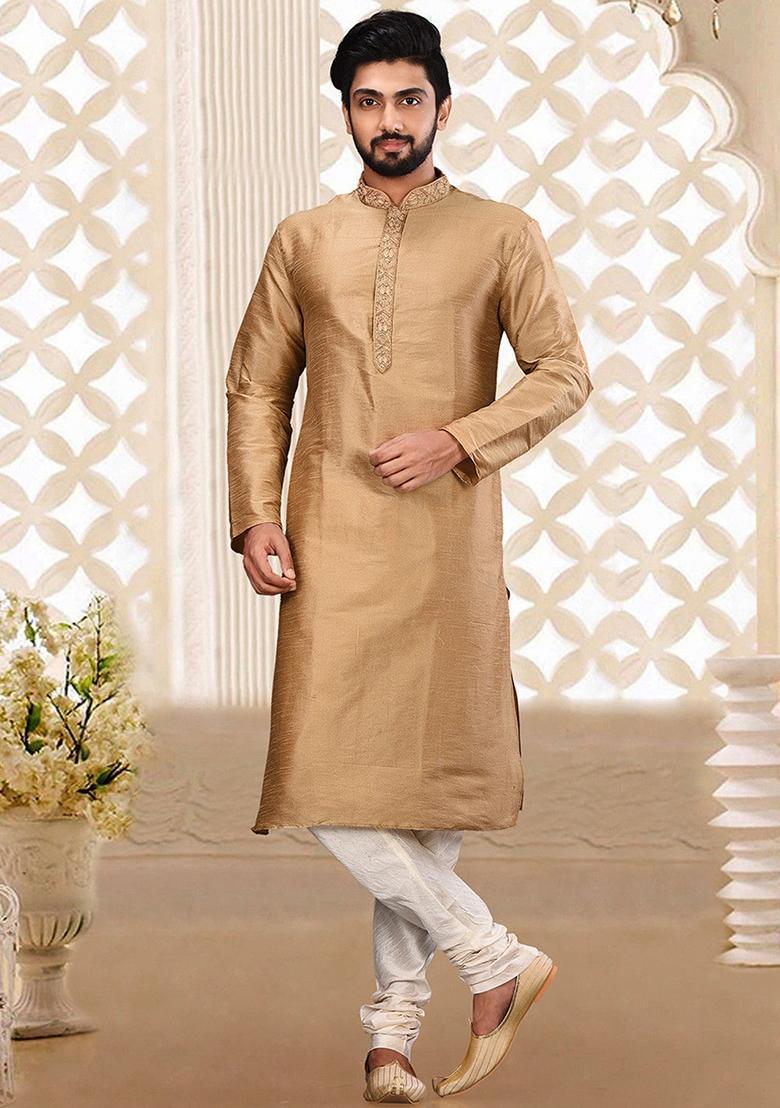 Fawn Hand Work Silk Kurta For Men - Indya