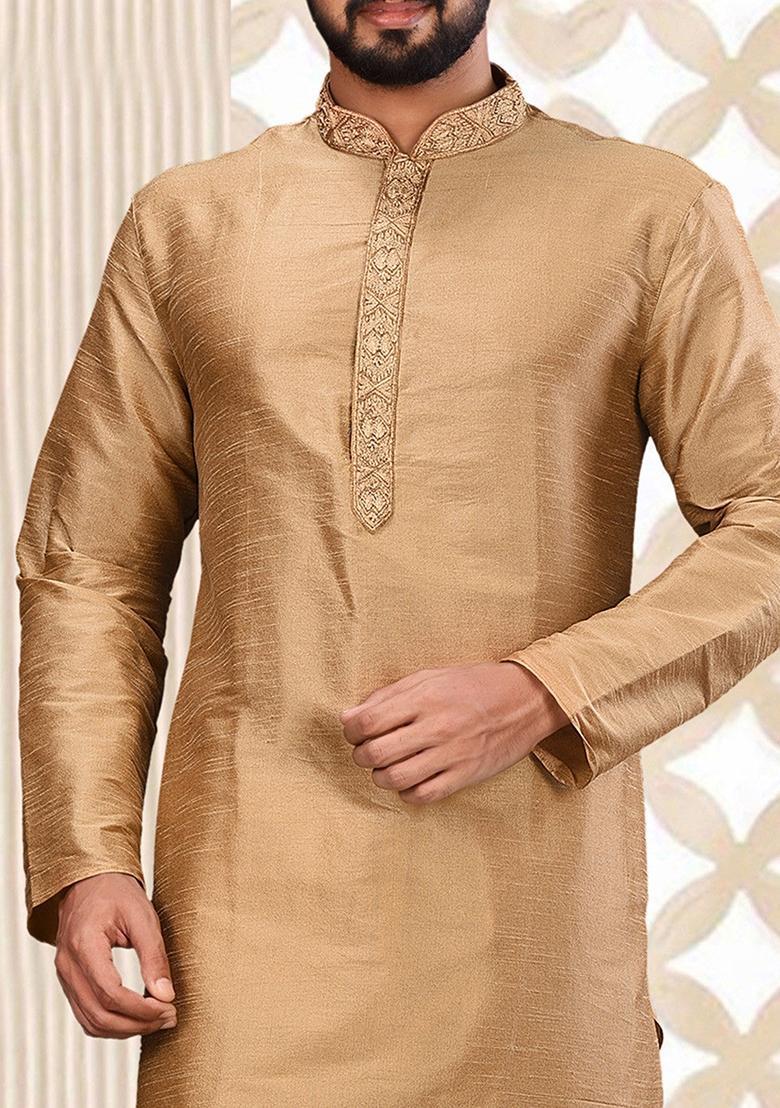 Fawn Hand Work Silk Kurta For Men - Indya