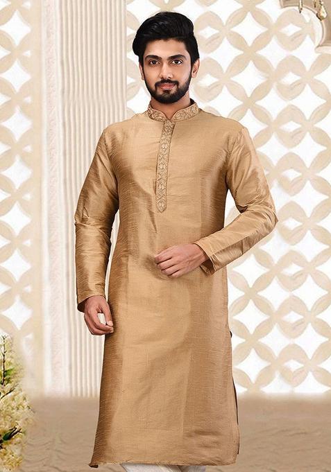 Fawn Hand Work Silk Kurta For Men