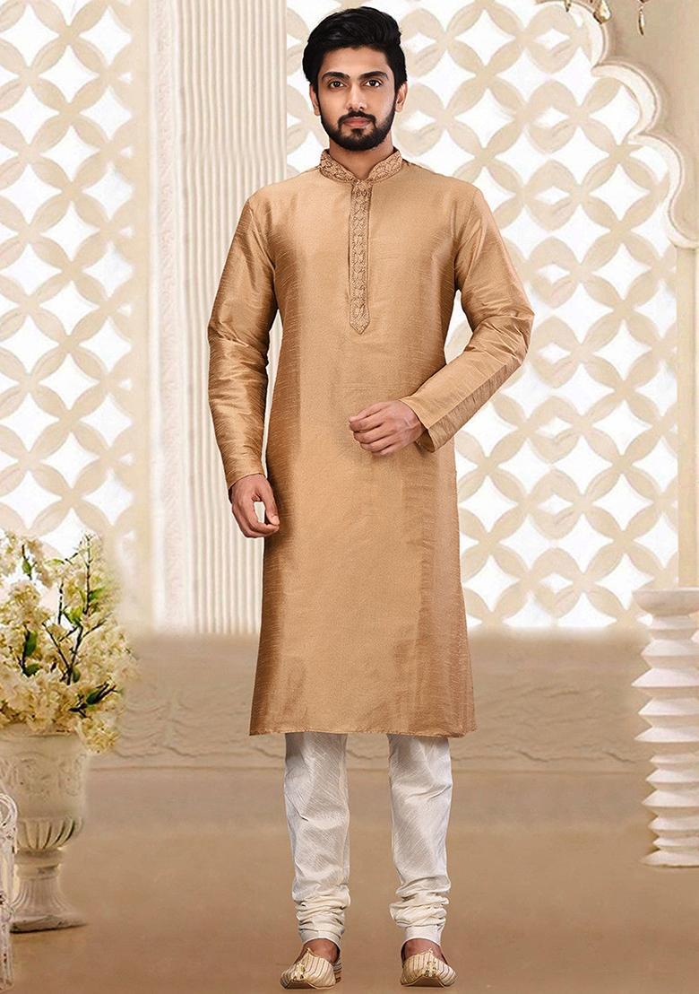 Chiku Hand Work Silk Kurta For Men - Indya