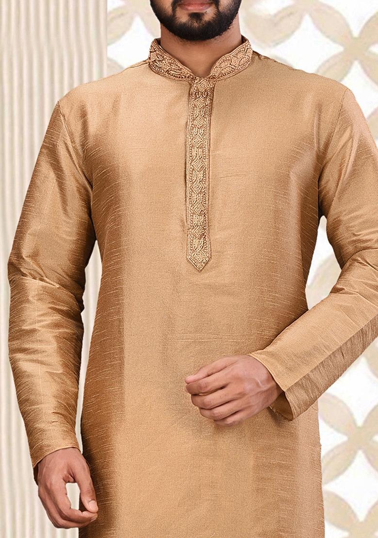 Chiku Hand Work Silk Kurta For Men - Indya