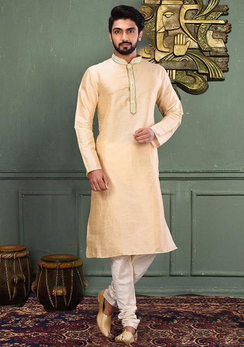 Fawn Hand Work Silk Kurta For Men - Indya