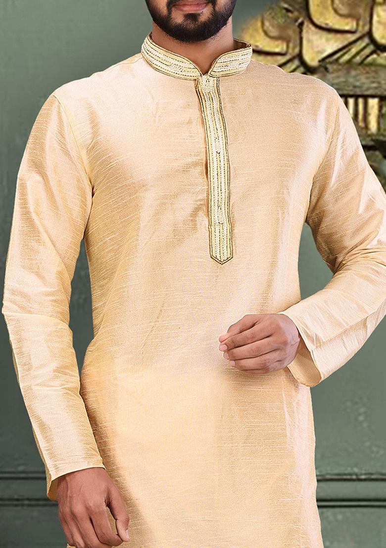 Fawn Hand Work Silk Kurta For Men - Indya
