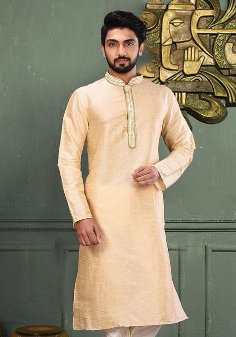 Fawn Hand Work Silk Kurta For Men