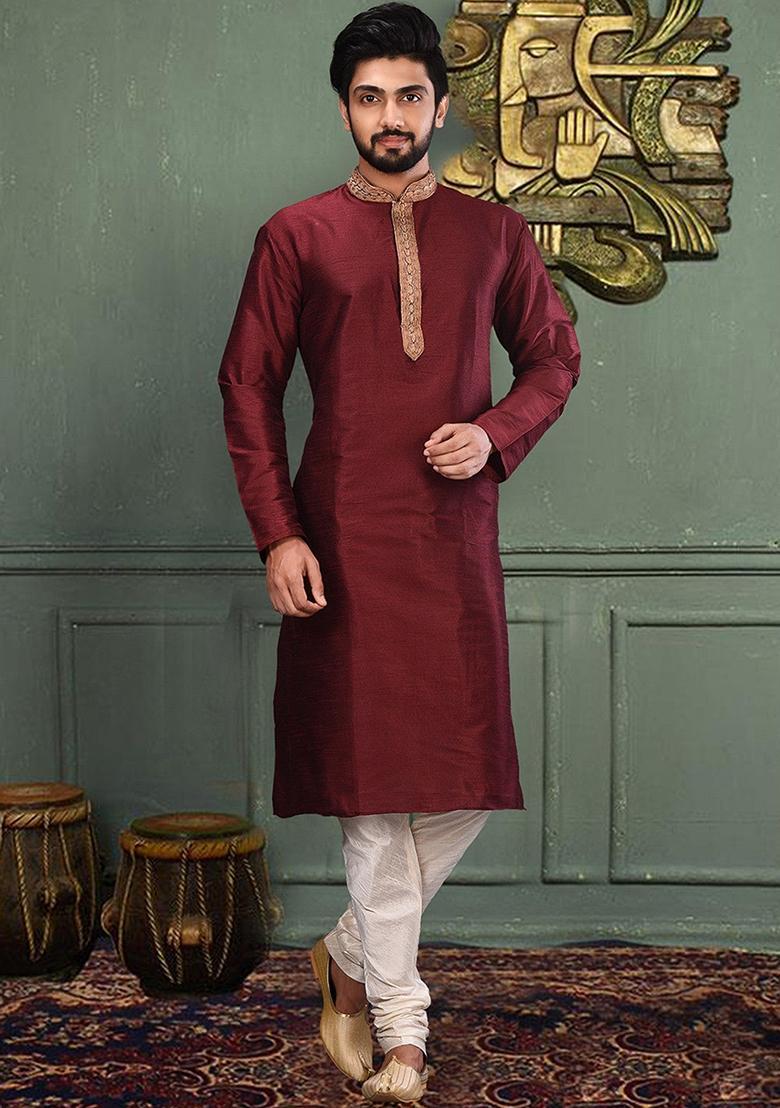 Maroon Hand Work Silk Kurta For Men - Indya