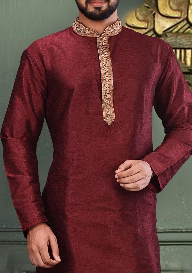 Maroon Hand Work Silk Kurta For Men - Indya
