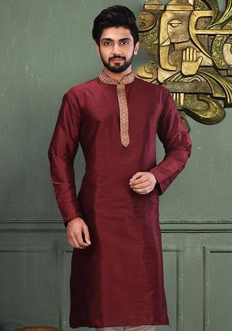 Maroon Hand Work Silk Kurta For Men