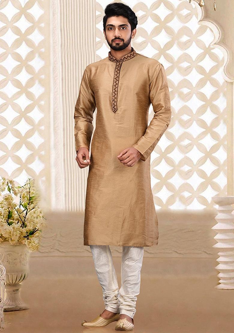 Chiku Hand Work Silk Kurta For Men - Indya