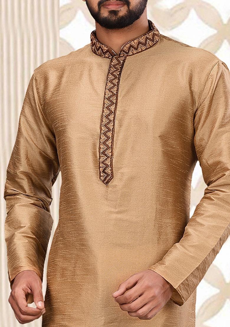 Chiku Hand Work Silk Kurta For Men - Indya