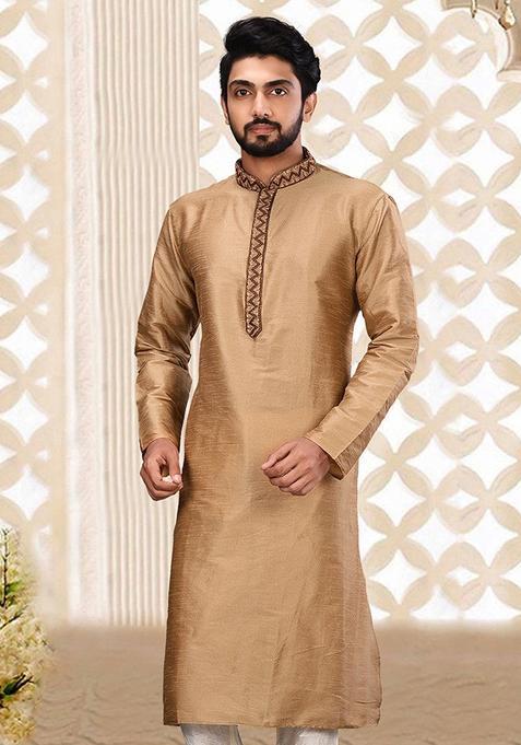 Chiku Hand Work Silk Kurta For Men