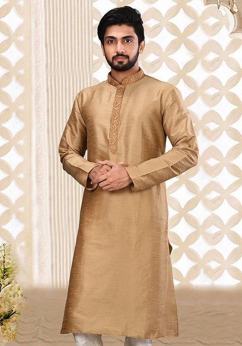 Chiku Hand Work Silk Kurta For Men