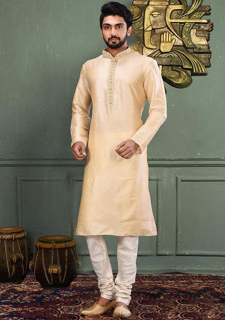 Fawn Hand Work Silk Kurta For Men - Indya