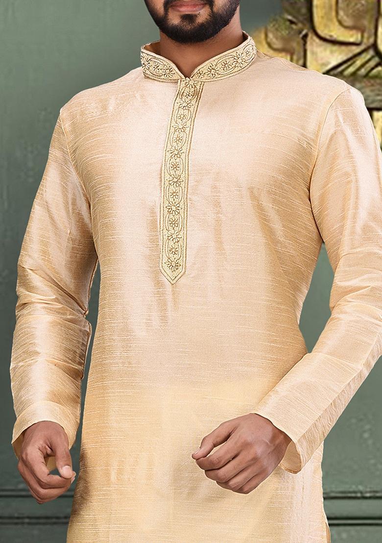 Fawn Hand Work Silk Kurta For Men - Indya