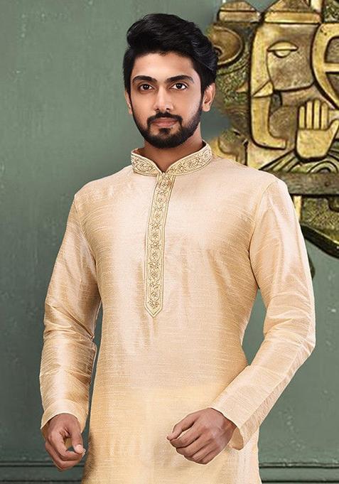 Fawn Hand Work Silk Kurta For Men