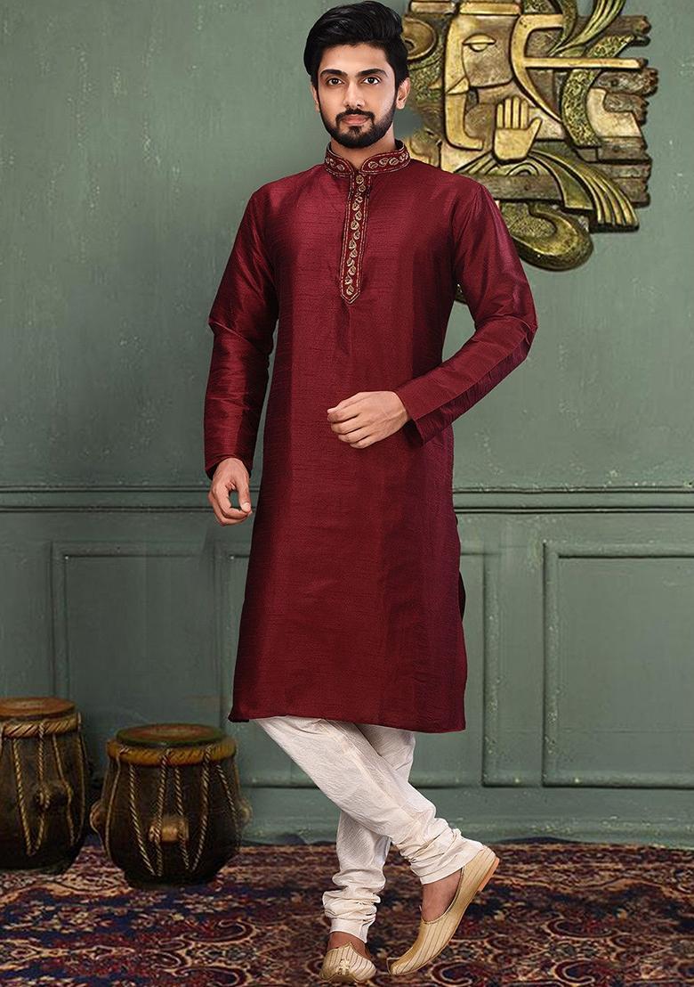 Red Hand Work Silk Kurta For Men - Indya