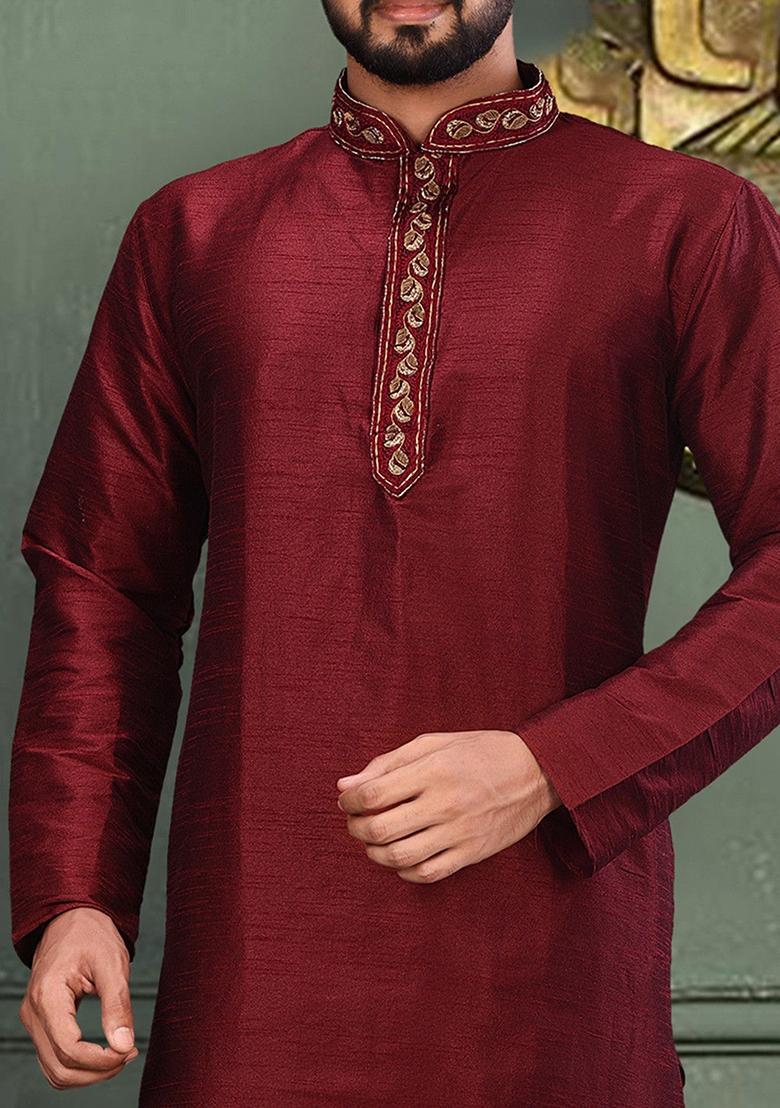 Red Hand Work Silk Kurta For Men - Indya