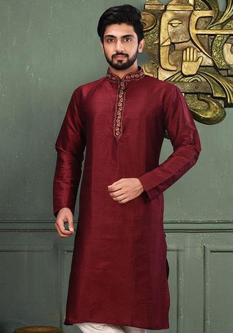 Red Hand Work Silk Kurta For Men