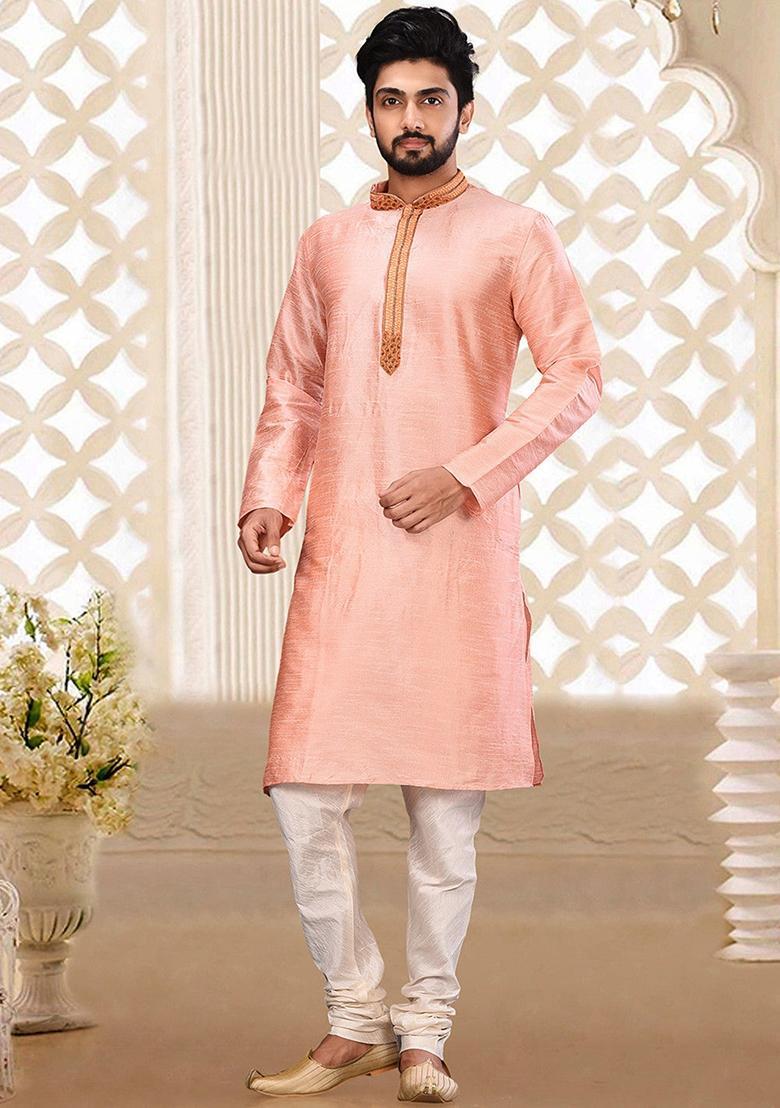 Pink Hand Work Silk Kurta For Men - Indya