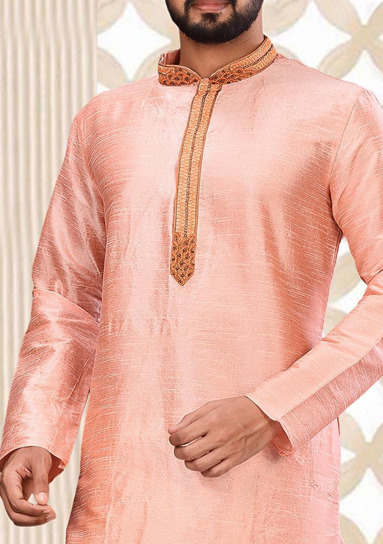 Pink Hand Work Silk Kurta For Men - Indya