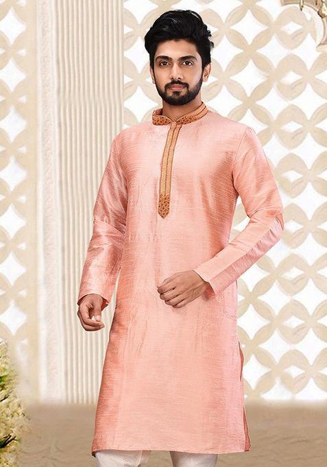 Pink Hand Work Silk Kurta For Men
