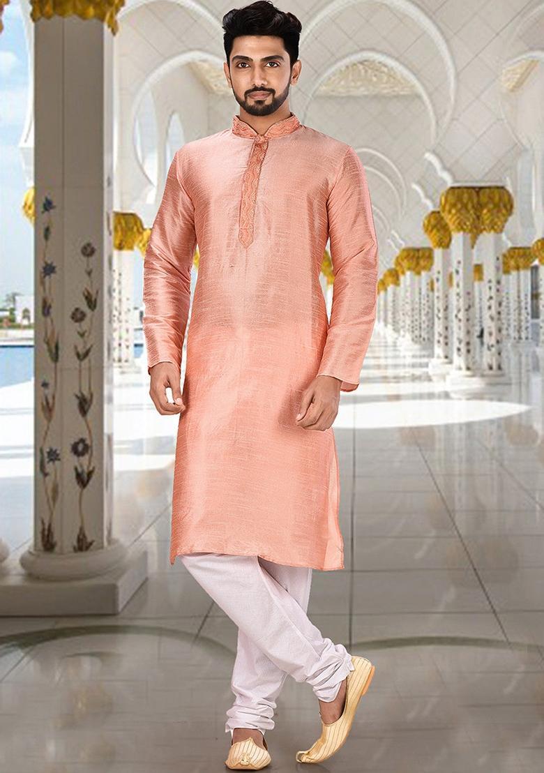 Pink Hand Work Silk Kurta For Men - Indya