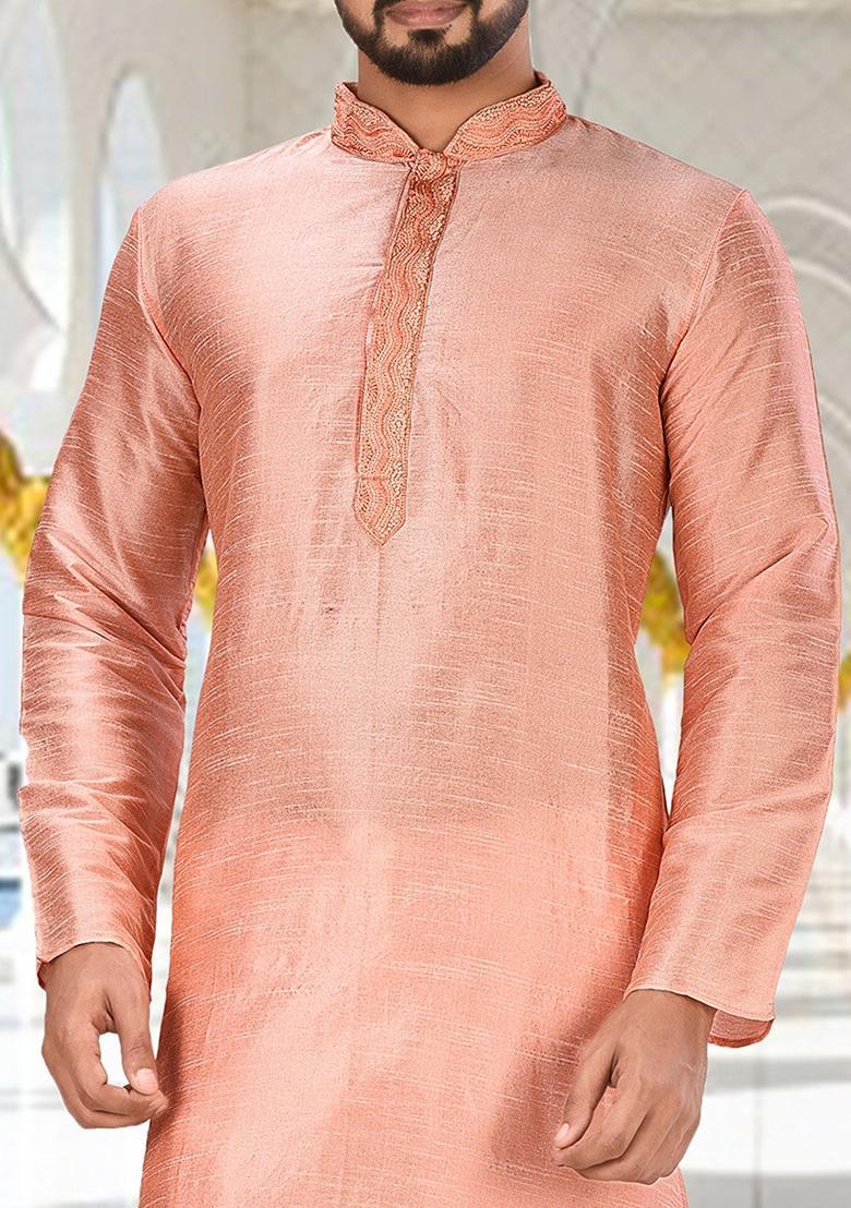 Pink Hand Work Silk Kurta For Men - Indya