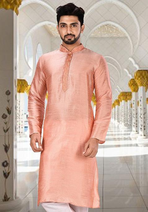 Pink Hand Work Silk Kurta For Men