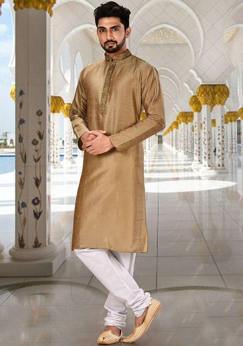 Chiku Hand Work Silk Kurta Set For Men - Indya