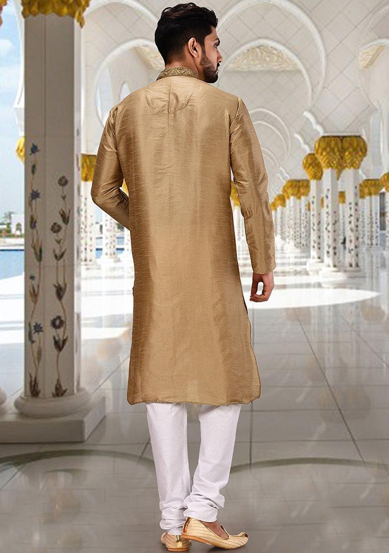 Chiku Hand Work Silk Kurta Set For Men - Indya