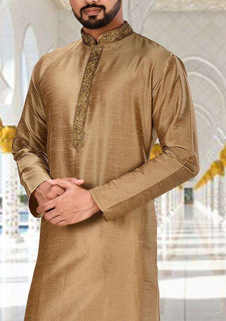 Chiku Hand Work Silk Kurta Set For Men - Indya