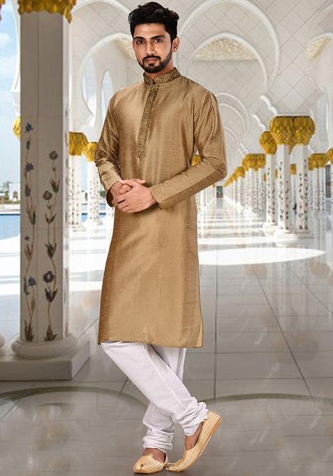 Chiku Hand Work Silk Kurta Set For Men