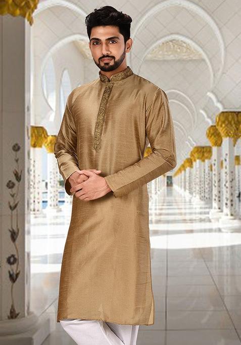 Chiku Hand Work Silk Kurta For Men