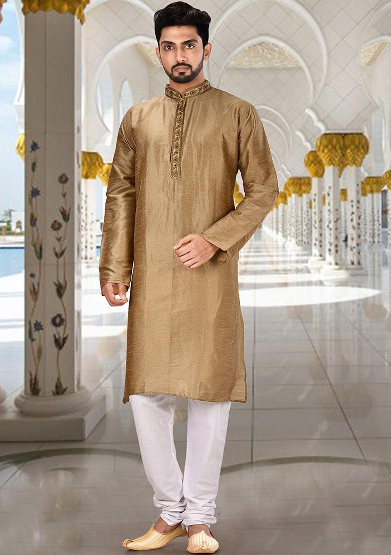 Chiku Hand Work Silk Kurta For Men - Indya