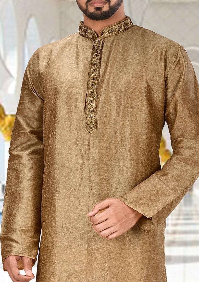 Chiku Hand Work Silk Kurta For Men - Indya