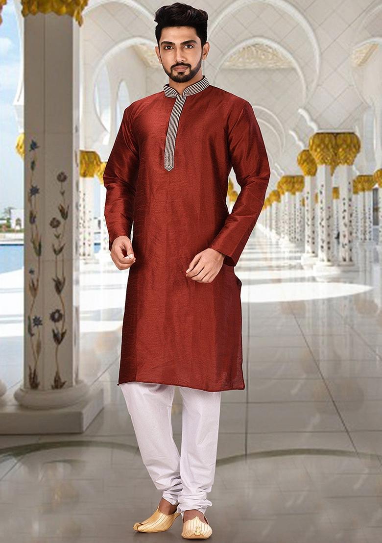Red Hand Work Silk Kurta For Men - Indya