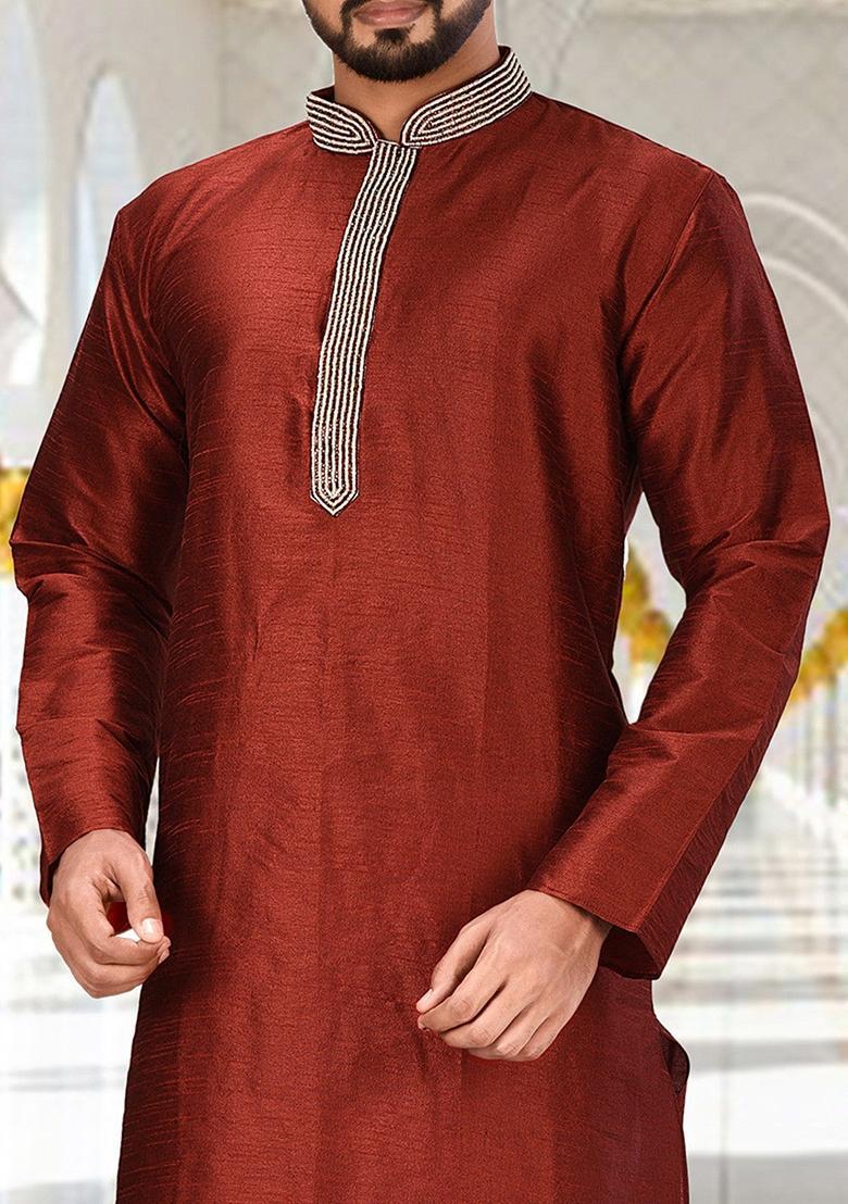 Red Hand Work Silk Kurta For Men - Indya