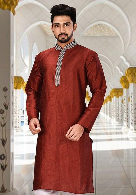 Red Hand Work Silk Kurta For Men