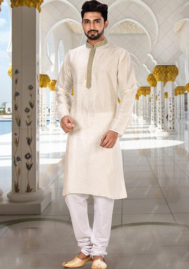 Cream Hand Work Silk Kurta For Men - Indya