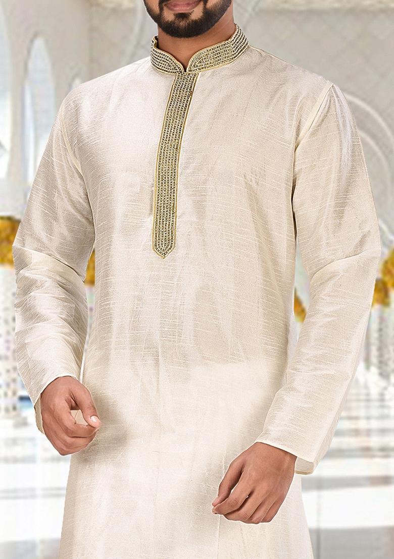 Cream Hand Work Silk Kurta For Men - Indya