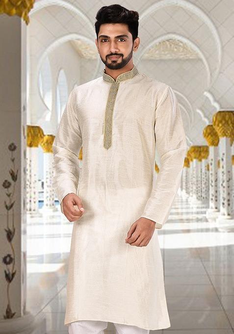 Cream Hand Work Silk Kurta For Men