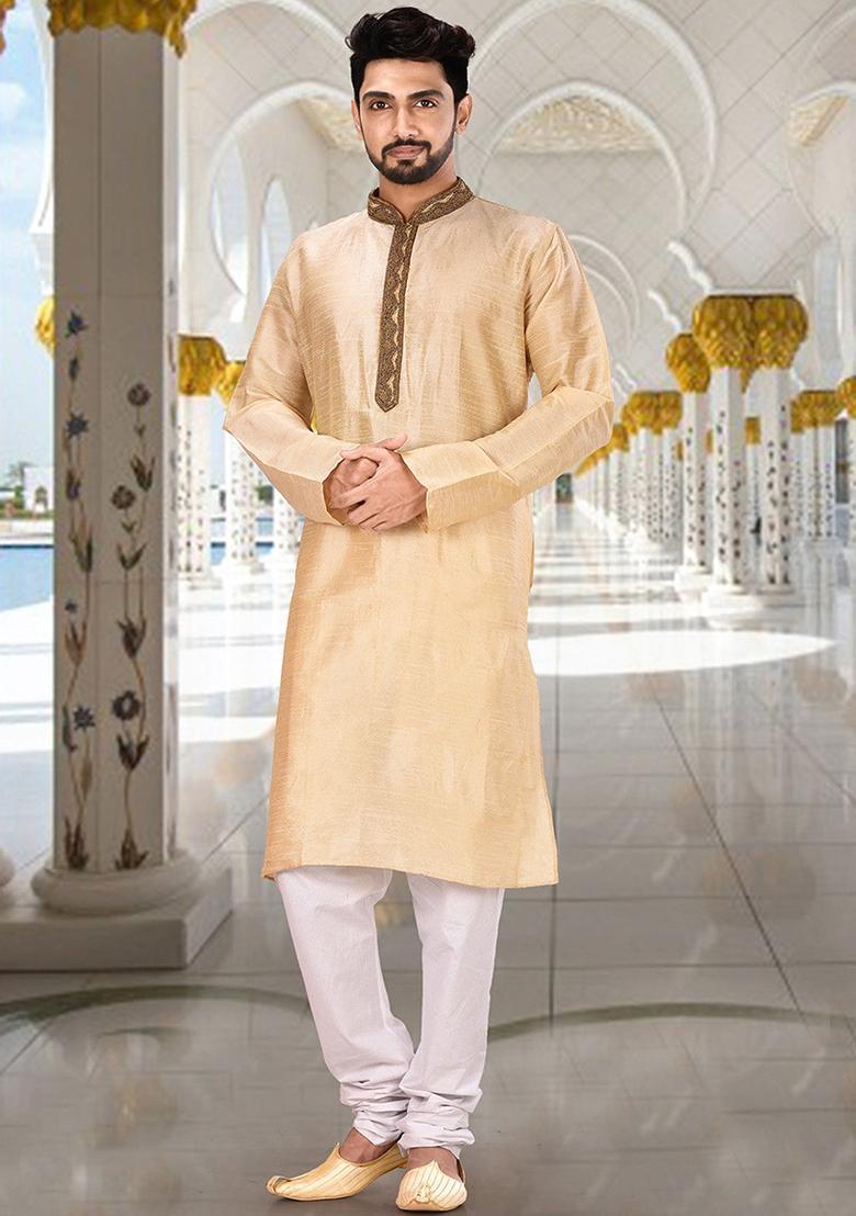 Fawn Hand Work Silk Kurta For Men - Indya