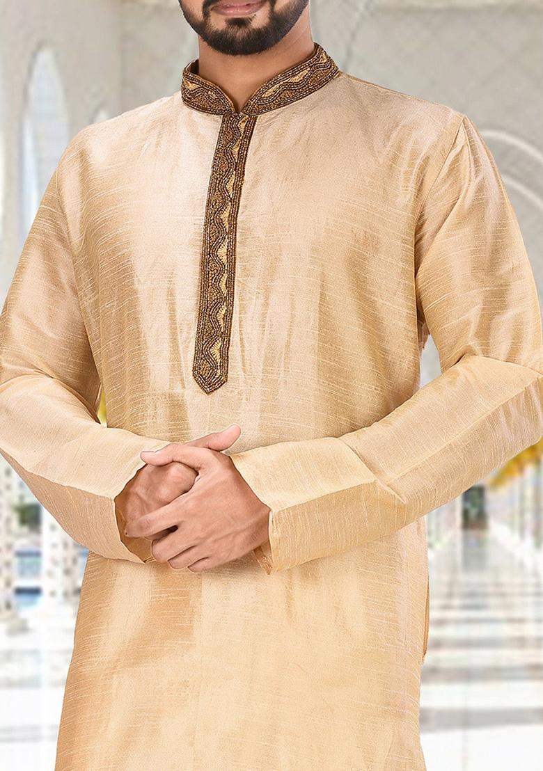 Fawn Hand Work Silk Kurta For Men - Indya