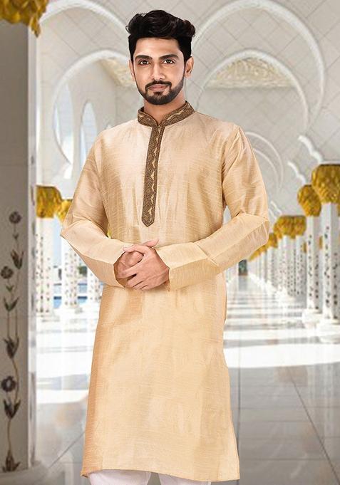 Fawn Hand Work Silk Kurta For Men