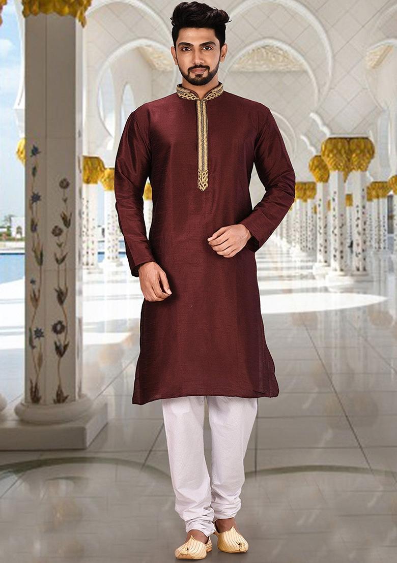 Maroon Hand Work Silk Kurta For Men - Indya