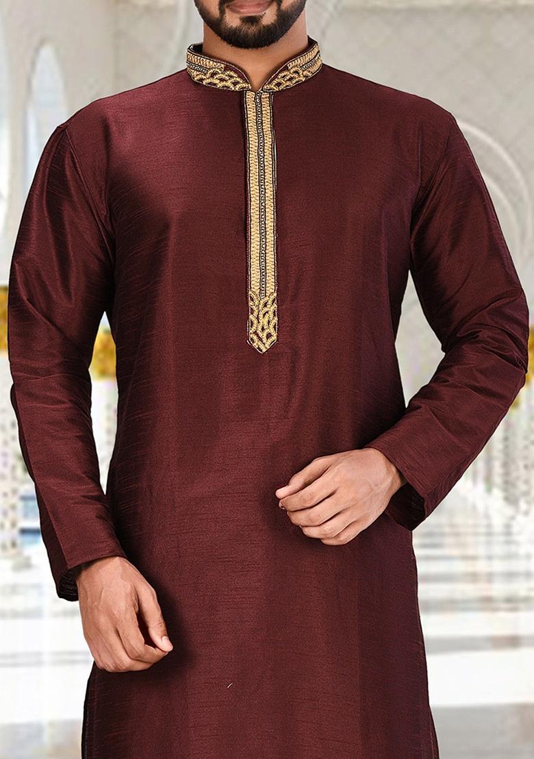 Maroon Hand Work Silk Kurta For Men - Indya